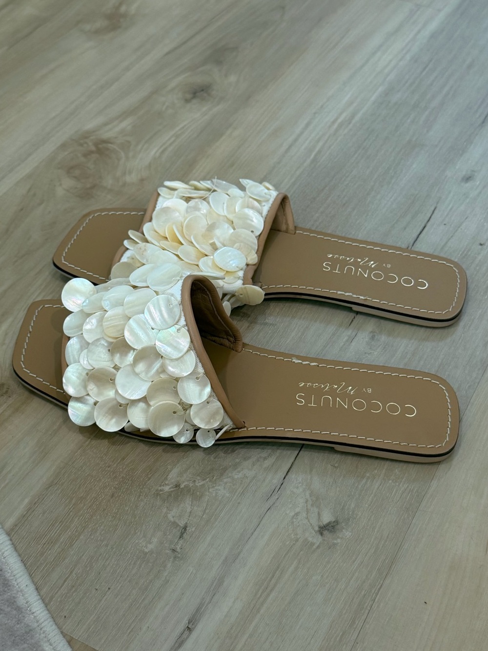 Coconuts by Matisse Cream Sequin Slide Sandals with Tan Footbed